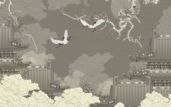 樓閣花鳥梅花背景墻