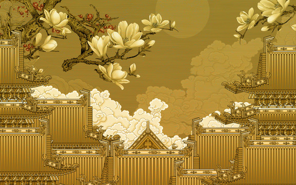 樓閣玉蘭花鳥背景墻