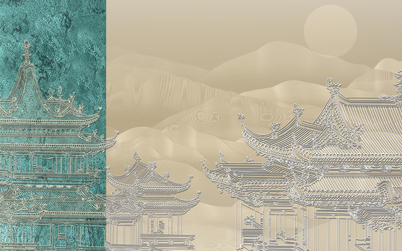 金箔仙鶴樓閣背景墻