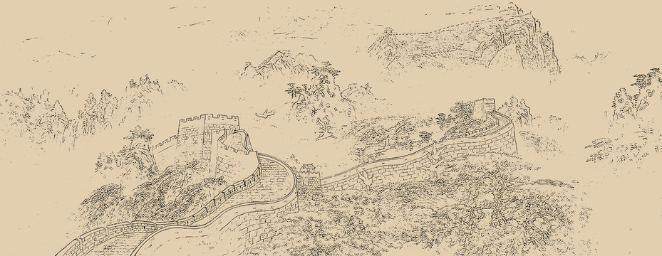 長城線描背景墻中式簡約