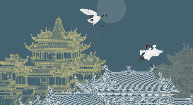 現(xiàn)代新中式線描樓閣仙鶴