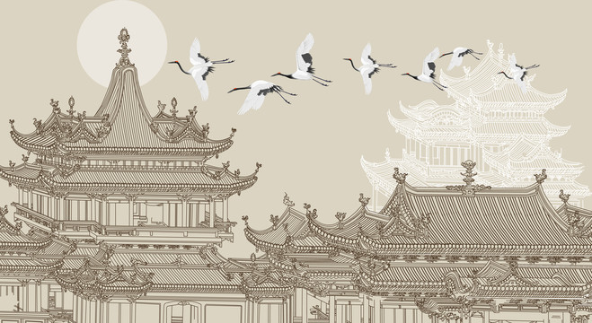 現(xiàn)代新中式線描樓閣仙鶴