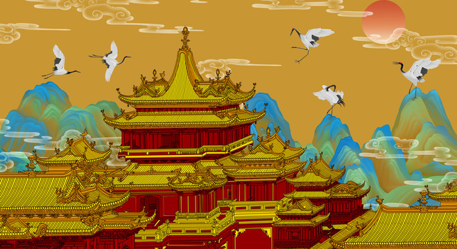 高清現(xiàn)代新中式線描樓閣仙鶴