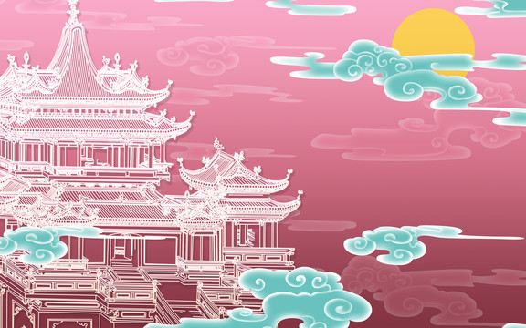 粉色樓閣線描高端壁畫背景墻