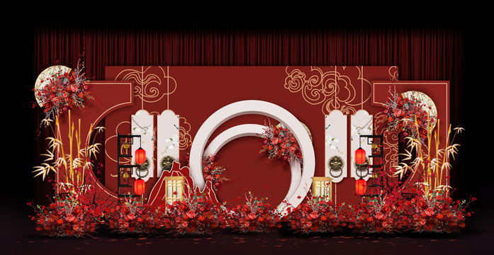 新中式合影區(qū)婚禮手繪效果圖