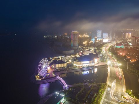 航拍青岛西海岸唐岛湾畔夜景