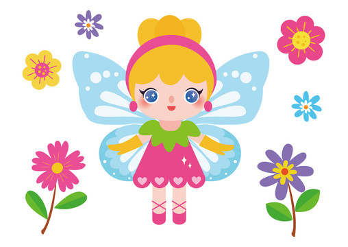 可愛的卡通小仙子和花朵