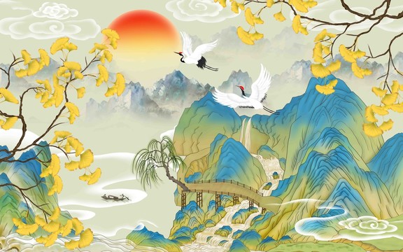 國潮銀杏花鳥山水插畫
