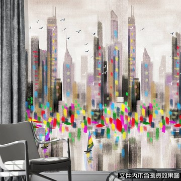 美式抽象城市油畫壁紙裝飾畫