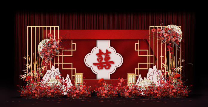 新中式合影區(qū)婚禮手繪效果圖
