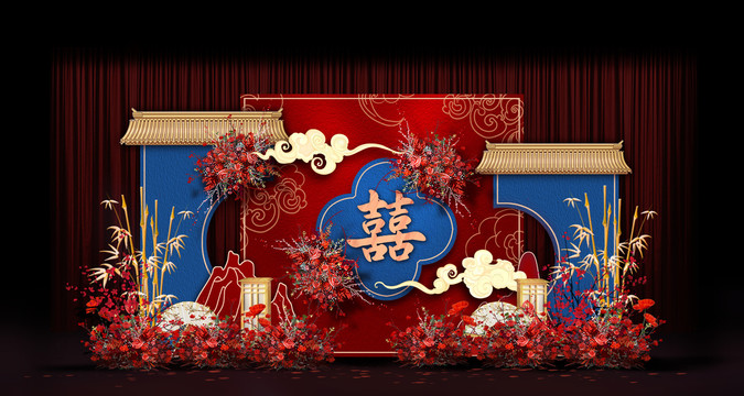 中式紅藍(lán)婚禮手繪效果圖