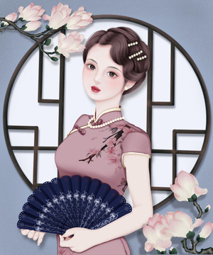 旗袍美女系列插画之玉兰花开