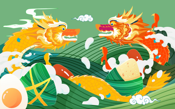 端午节国潮龙传统节日美食插画