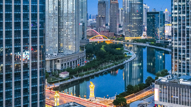 天津海河沿线夏季夜景航拍