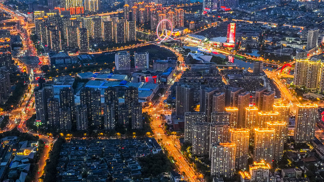 天津海河沿线夏季夜景航拍