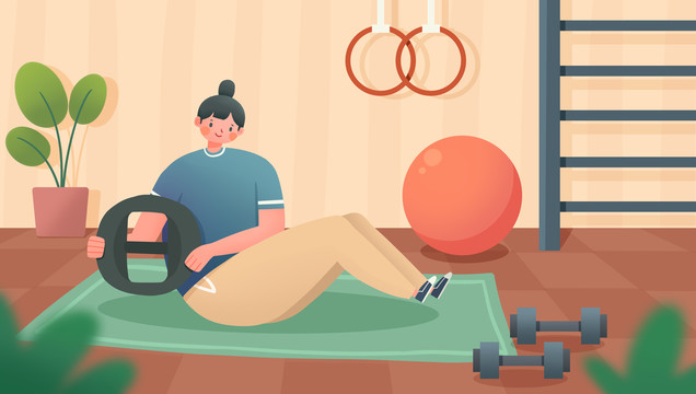 女人健身運(yùn)動(dòng)健康生活手繪插畫