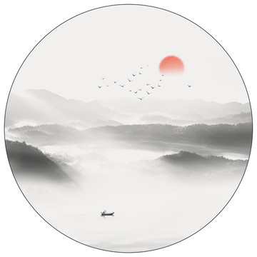 圓形水墨山