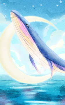 蓝色梦幻大海鲸鱼插画