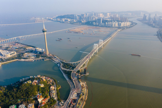 航拍澳门半岛地标建筑澳门塔