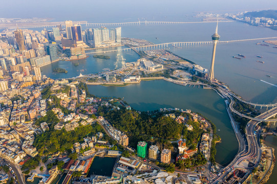 航拍澳门半岛地标建筑澳门塔