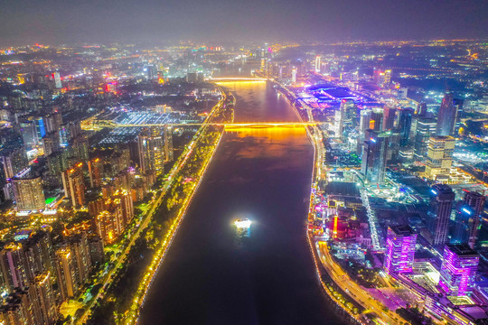 航拍广州海珠区城区珠江夜景