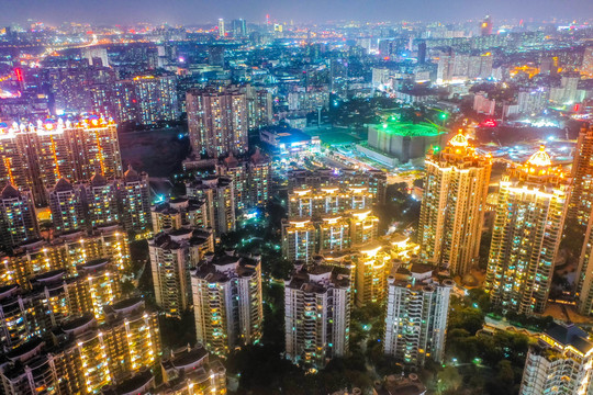 航拍广州海珠区城区夜景