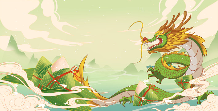 端午節(jié)中國(guó)風(fēng)粽子與龍插畫(huà)海報(bào)
