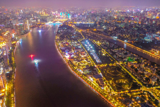 航拍广州珠江二沙岛夜景