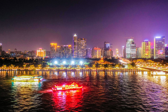 航拍广州珠江二沙岛夜景