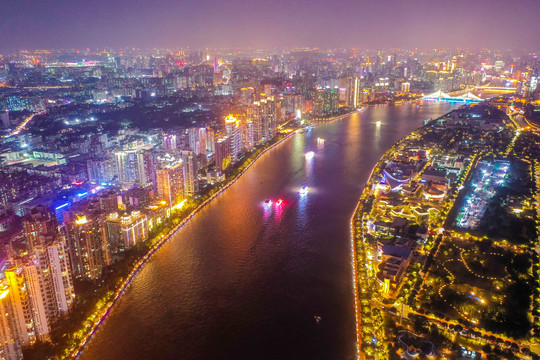 航拍广州珠江二沙岛夜景