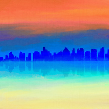 落日下的海滨城市剪影手绘插画