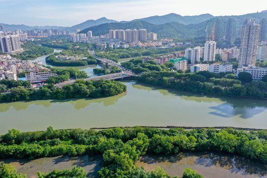 航拍海南三亚河西红树林公园