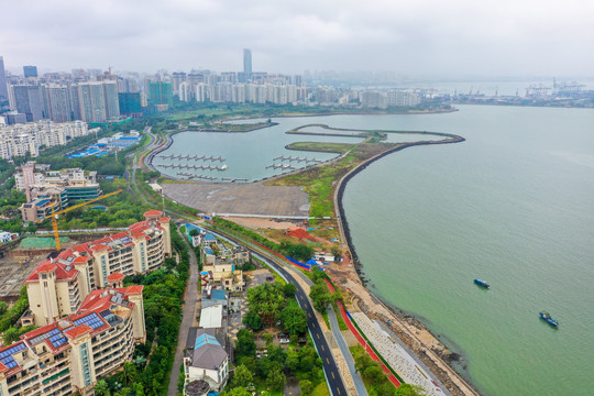 航拍海南海口龙华区北侧海岸线