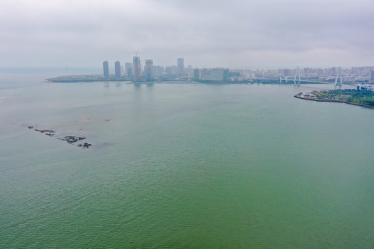 航拍海南海口龙华区北侧海岸线