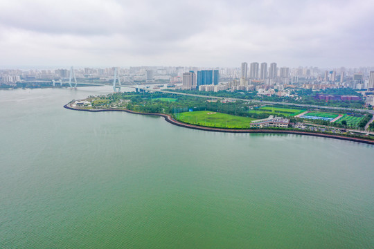 航拍海南海口龙华区北侧海岸线