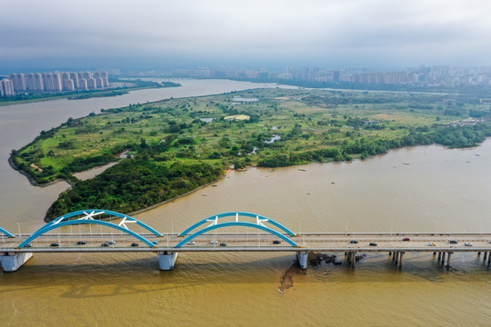 航拍海口南渡江水道府城镇农场