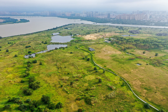 航拍海口南渡江水道府城镇农场