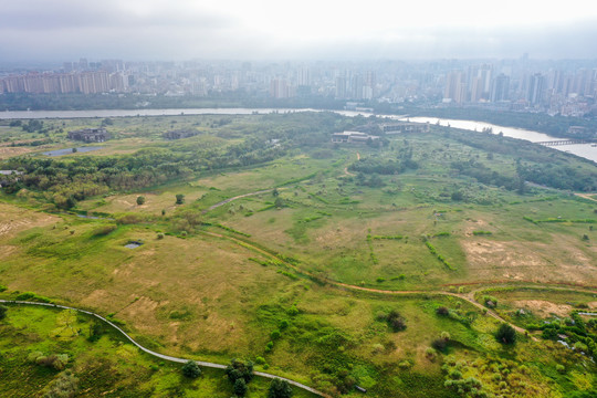 航拍海口南渡江水道府城镇农场