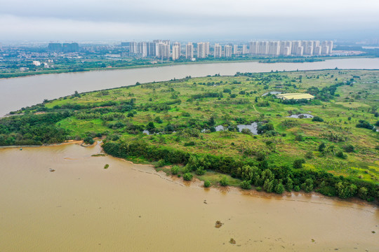 航拍海口南渡江水道府城镇农场