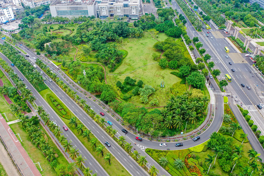 航拍海口滨江路海南广场绿地