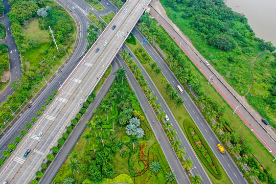 航拍海口国兴大道道路及行道树