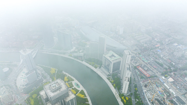 天津城市平流雾美景航拍