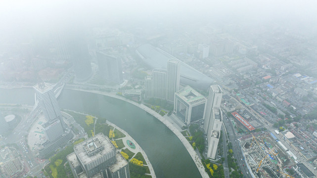 天津城市平流雾美景航拍