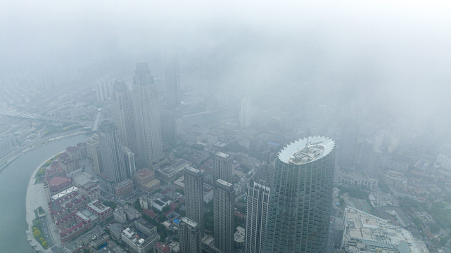 天津城市平流雾美景航拍