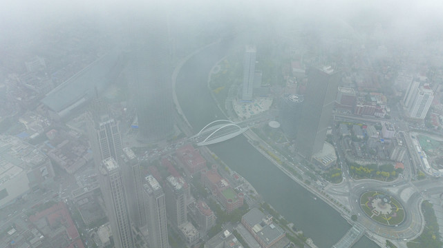 天津城市平流雾美景航拍