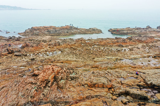 航拍山东青岛太平湾海岬角礁石