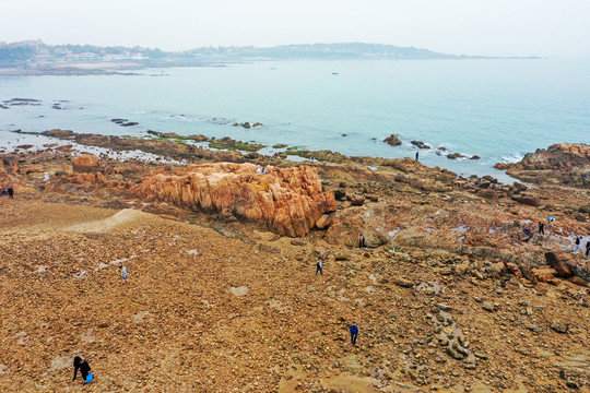 航拍山东青岛太平湾海岬角礁石