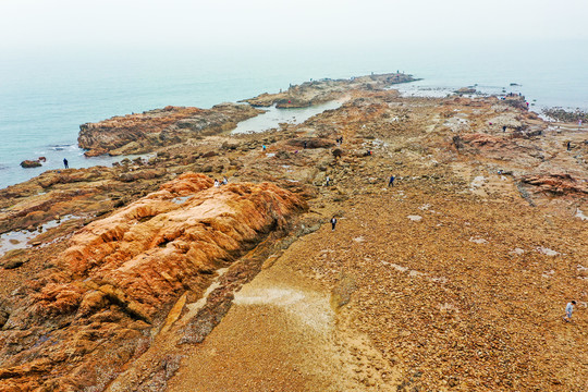 航拍山东青岛太平湾海岬角礁石
