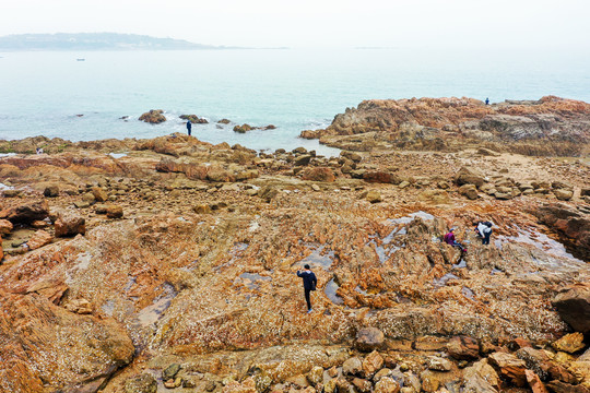 航拍山东青岛太平湾海岬角礁石