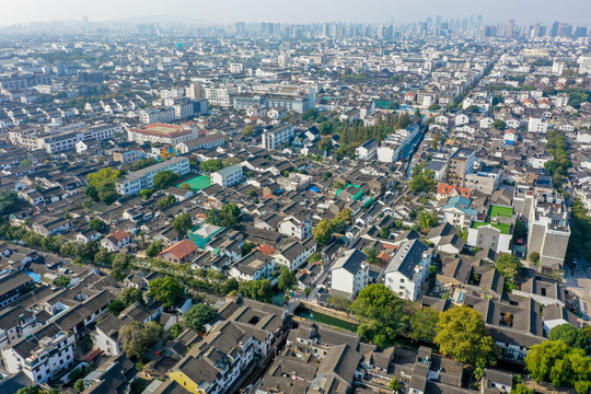 航拍苏州平江历史街区平江路